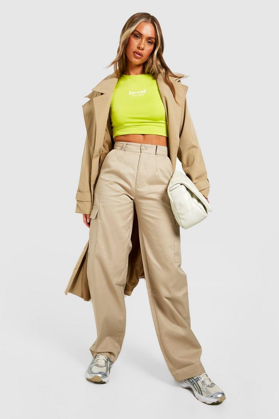 Beige Petite High Waisted Straight Leg Cargo Trousers image number 1