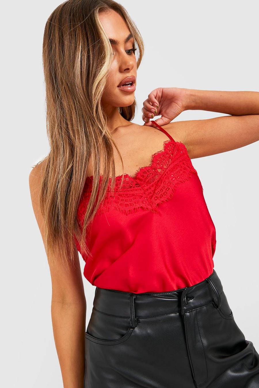 Red Lace Trim Satin Cami image number 1