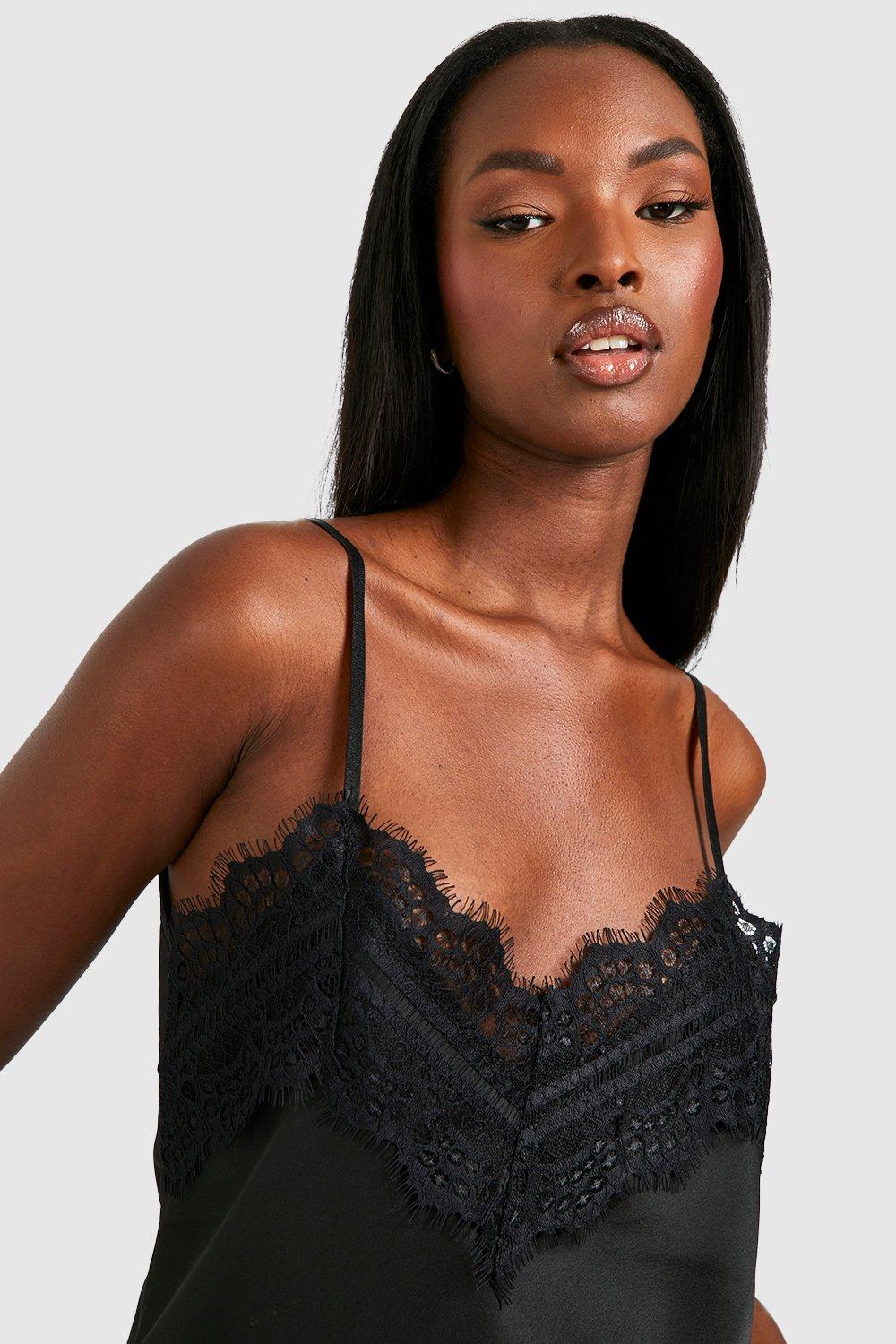 Women's Black Lace Trim Satin Cami