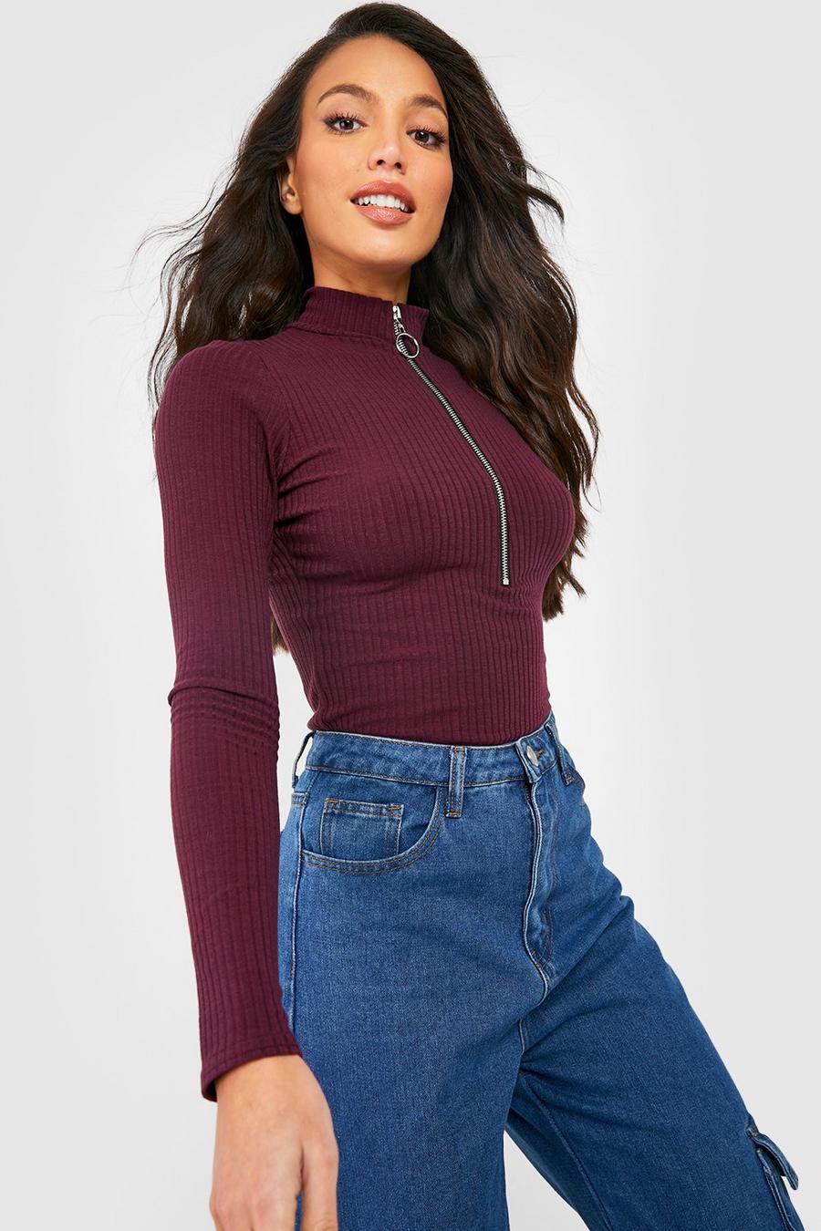 Berry röd Tall Long Sleeve Zip Front Knitted Rib Top