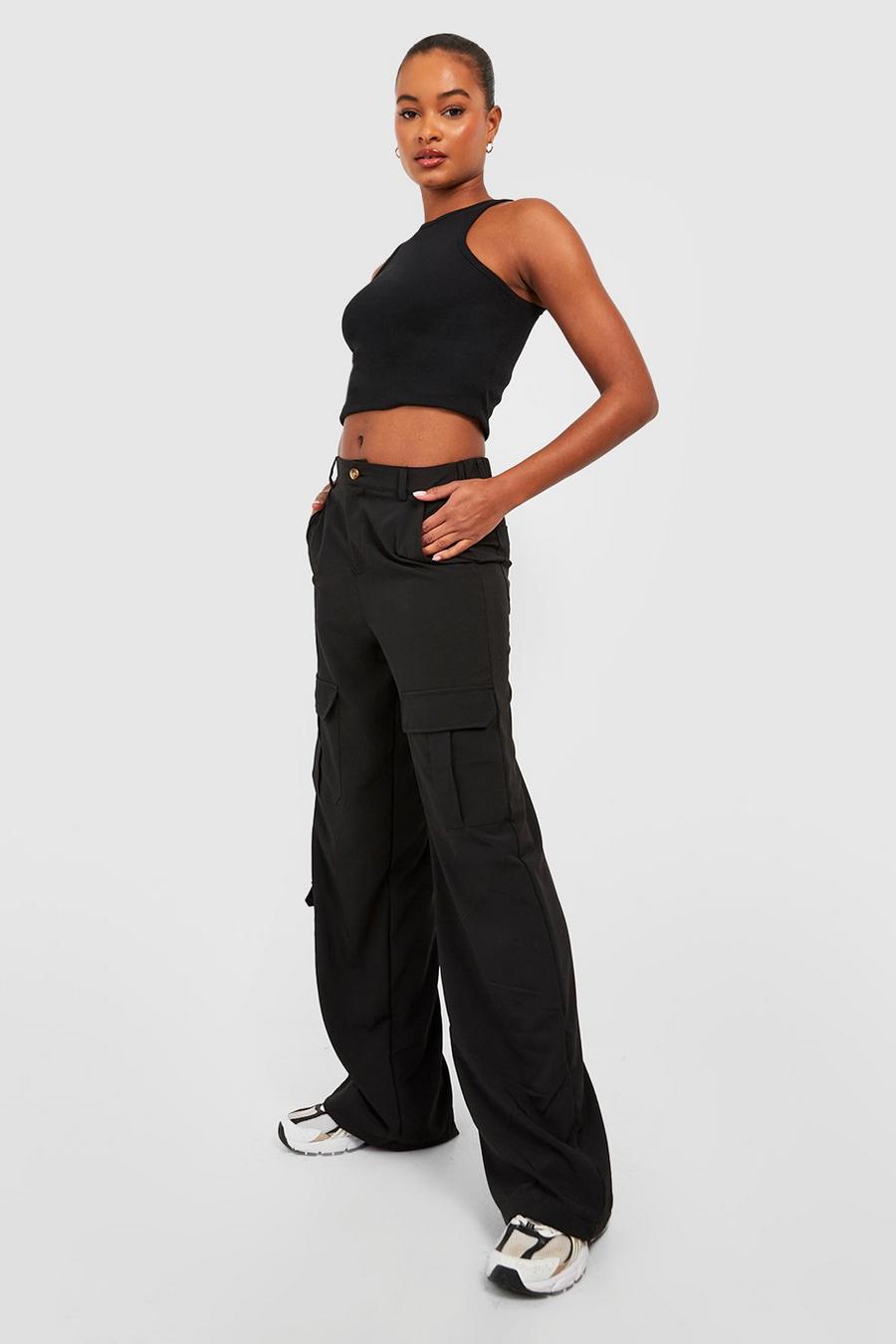 Black Tall Pocket Detail High Waisted Wide Leg Cargo Pants image number 1