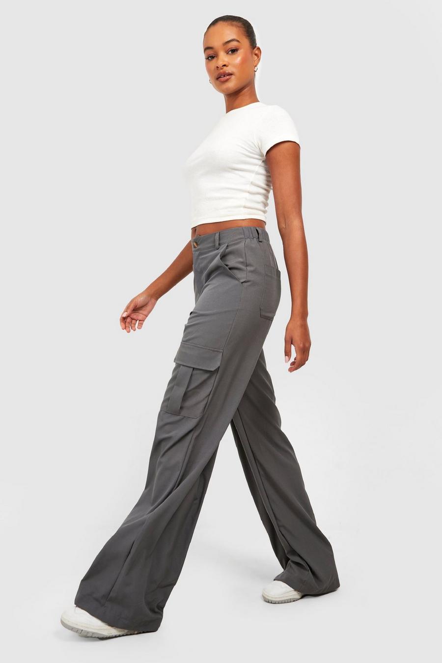 Charcoal Tall Pocket Detail High Waisted Wide Leg Cargo Pants image number 1