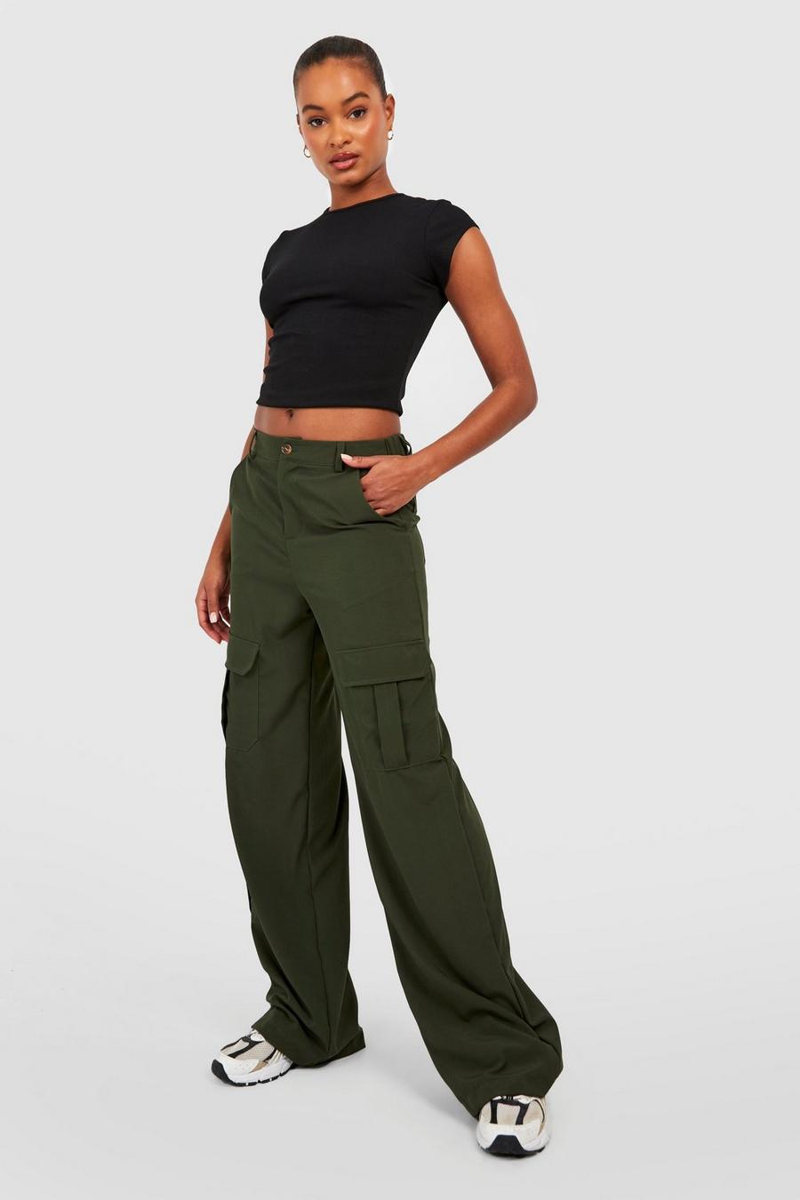 Khaki Tall Pocket Detail High Waisted Wide Leg Cargo Trousers image number 1