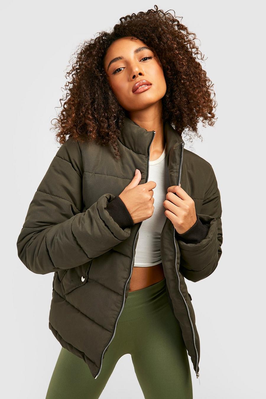 Khaki Tall Funnel Neck Puffer Jacket image number 1