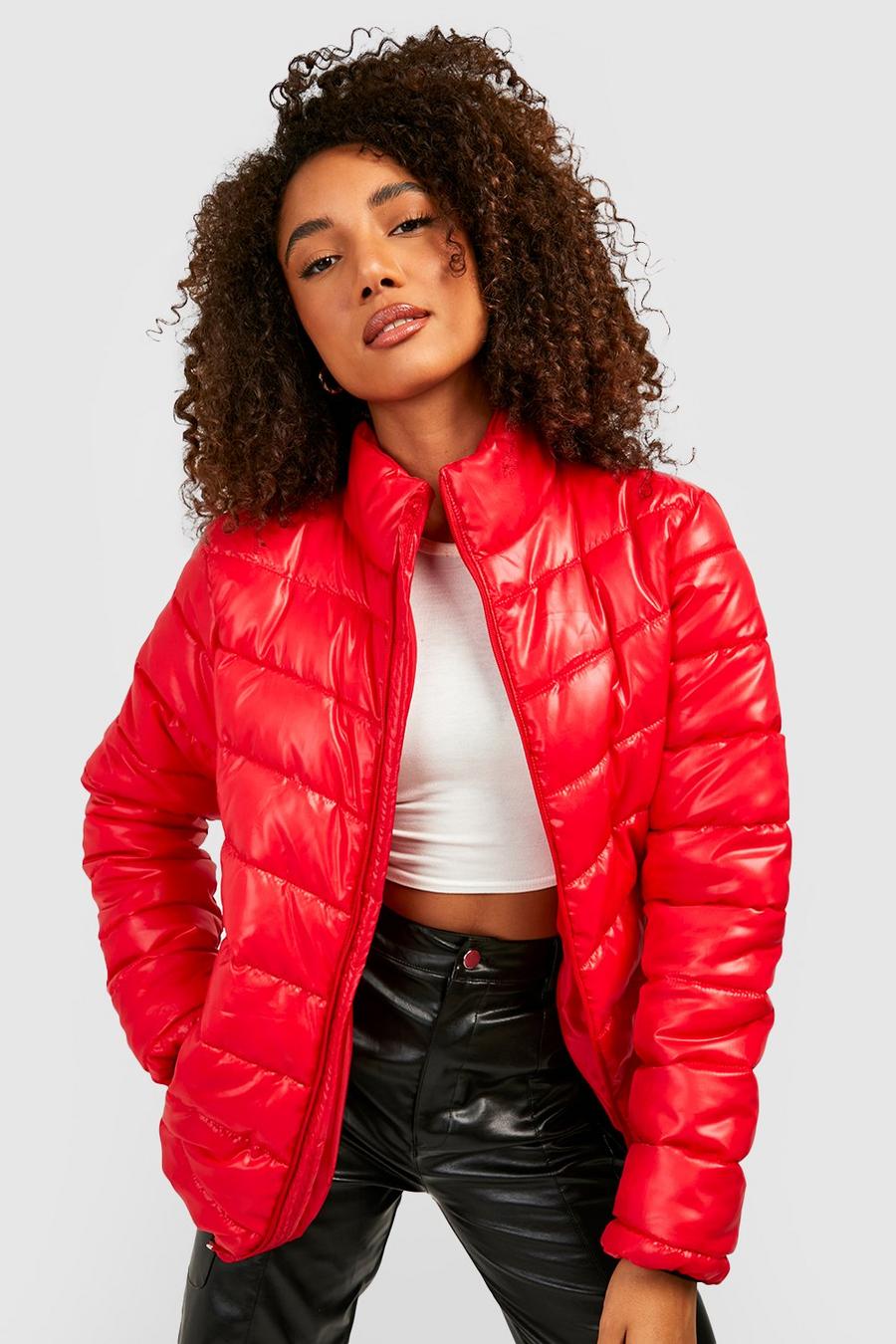 Red Tall Crop Funnel Neck Puffer Jacket image number 1