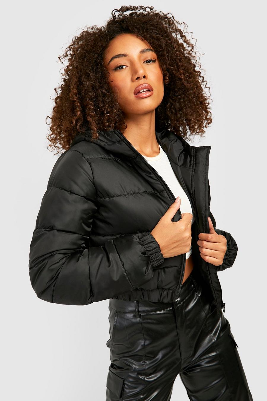 Black Tall Hooded Puffer Jacket image number 1