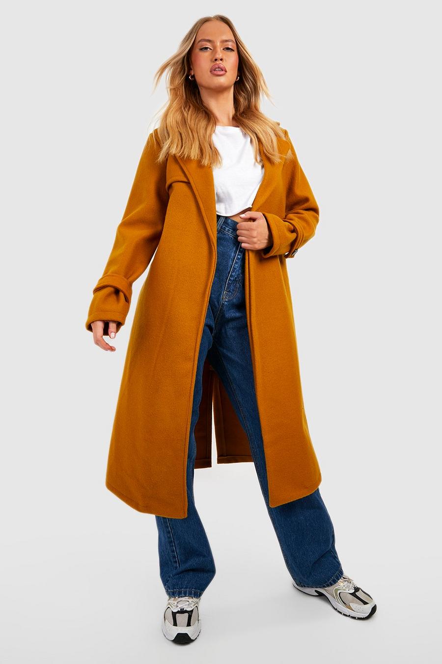 Mustard Tall Belted Wool Look Trench image number 1