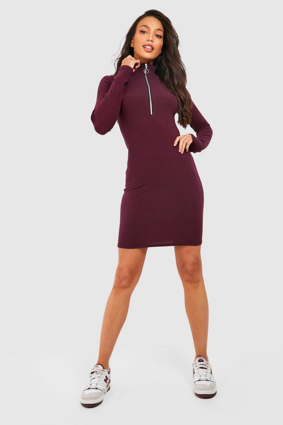 Berry red Tall Long Sleeve Zip Front Knitted Rib Mini Dress image number 1