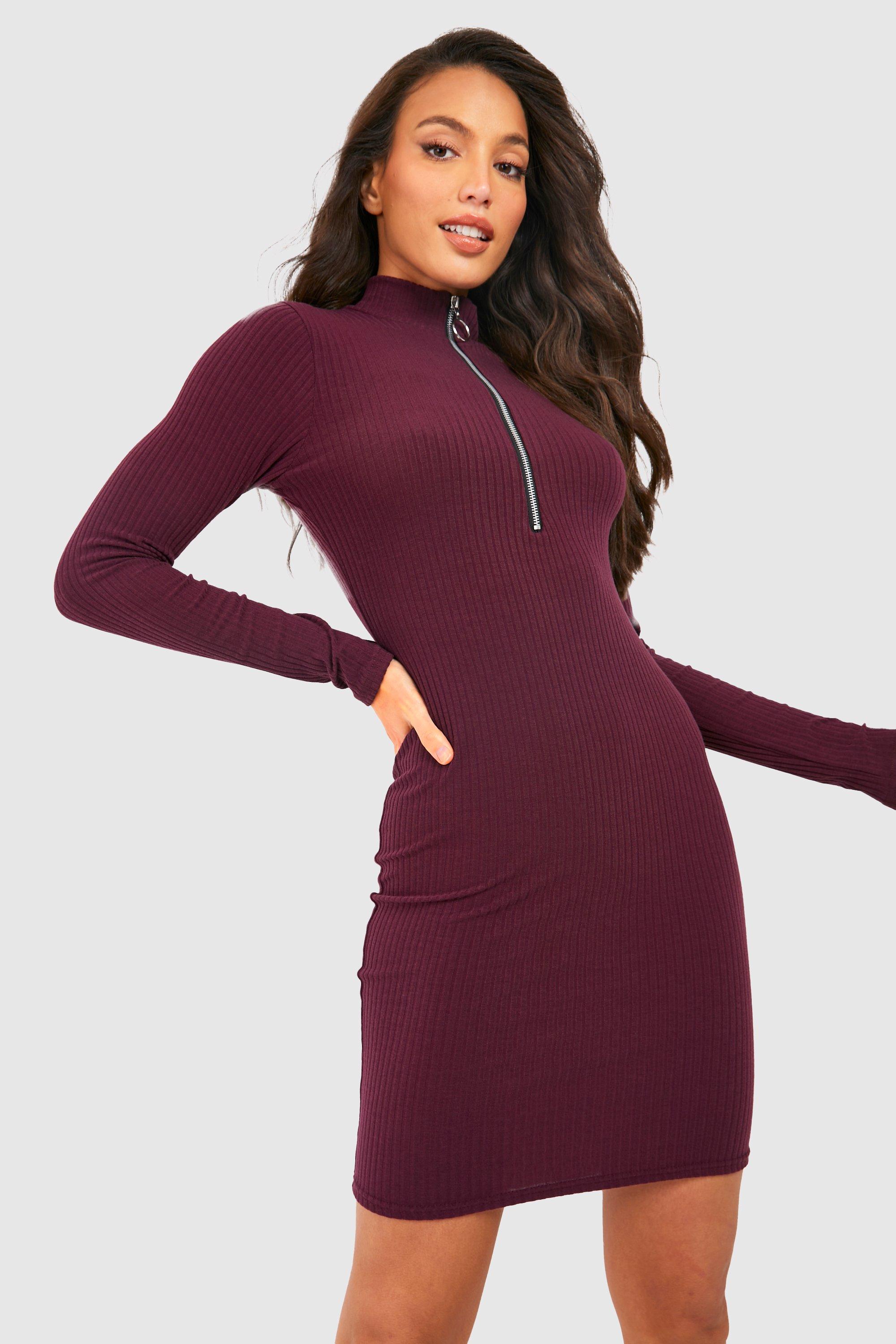 Tall Long Sleeve Zip Front Knitted Rib Mini Dress | boohoo