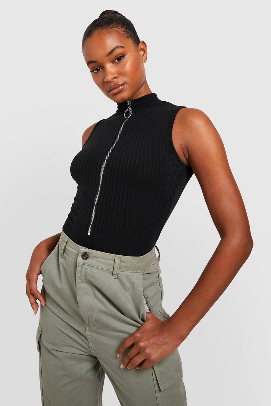 Black Tall Sleeveless Zip Front Knitted Rib Bodysuit image number 1