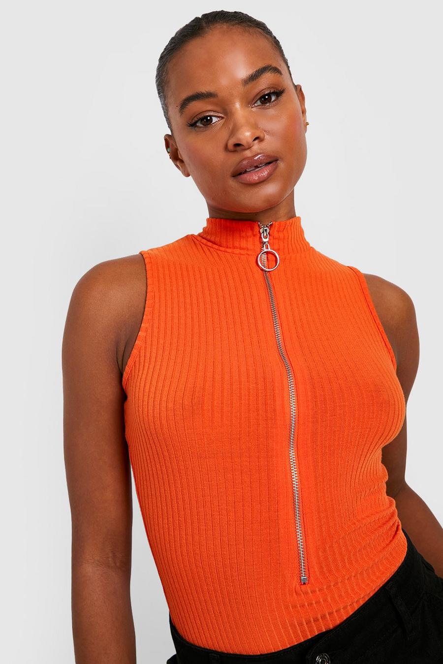 Orange Tall Sleeveless Zip Front Knitted Rib Bodysuit image number 1