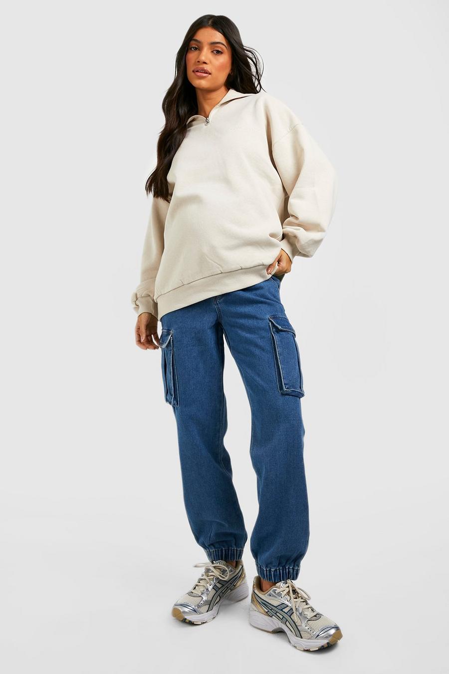 Mid wash Maternity High Waisted Denim Cargo Track Pants image number 1