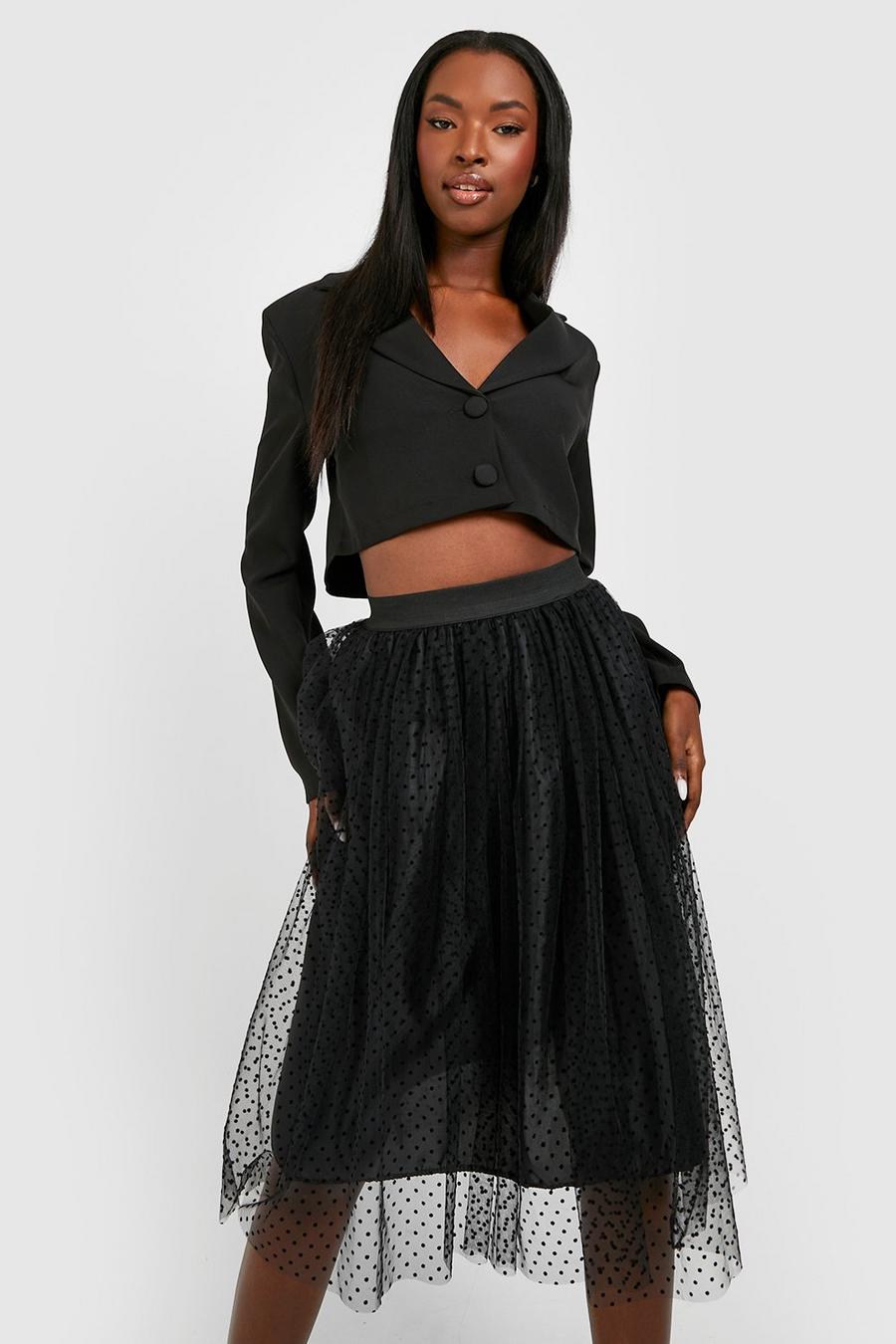 Black Polka Dot Tulle Mesh Midi Skirt image number 1