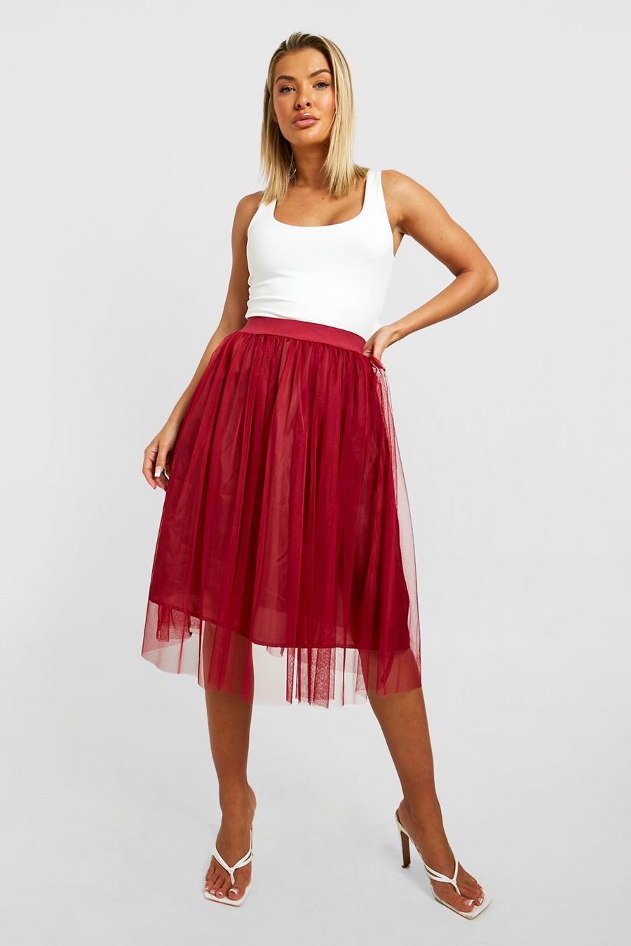 Wine red Tulle Mesh Midi Skirt image number 1