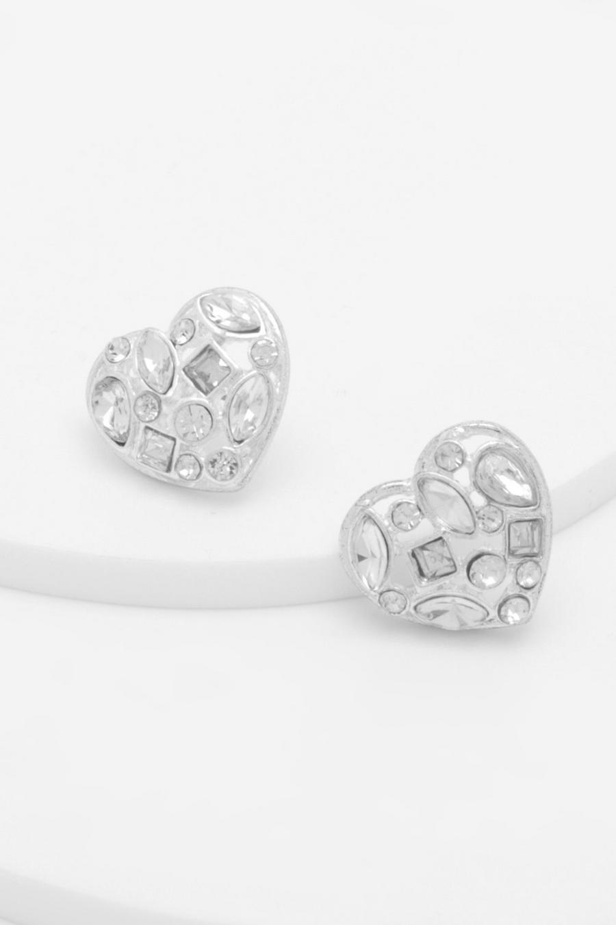 Silver Scattered Crystal Heart Studs