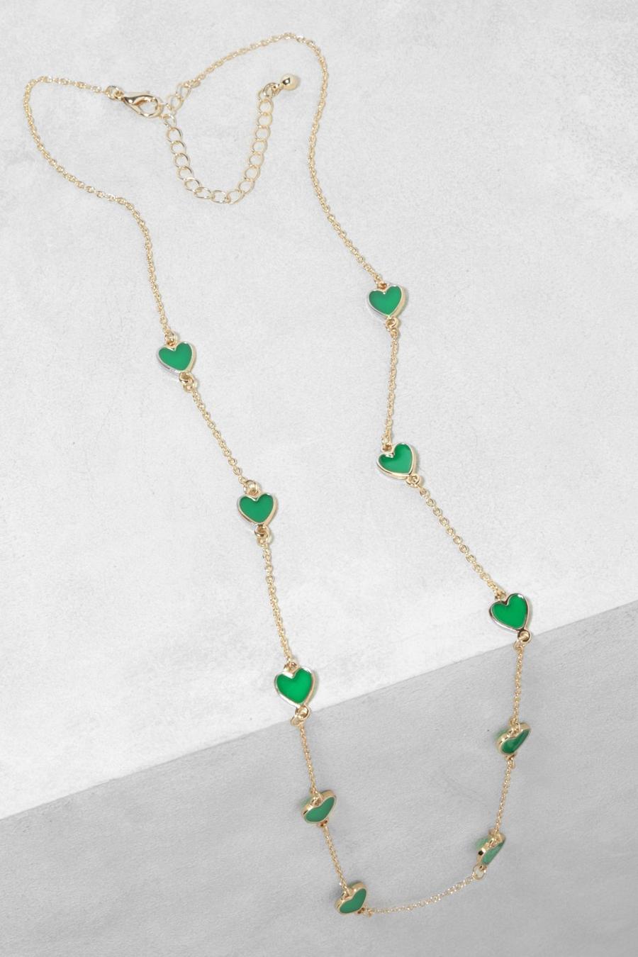 Green Enamel Scattered Heart Long Necklace