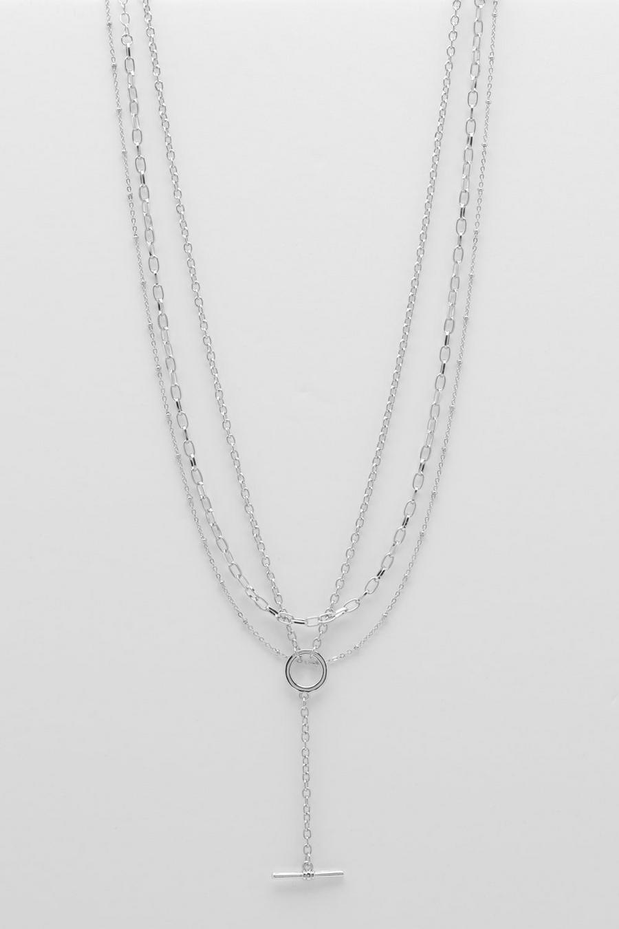 Silver T Bar Long Drop Multi Chain Necklace