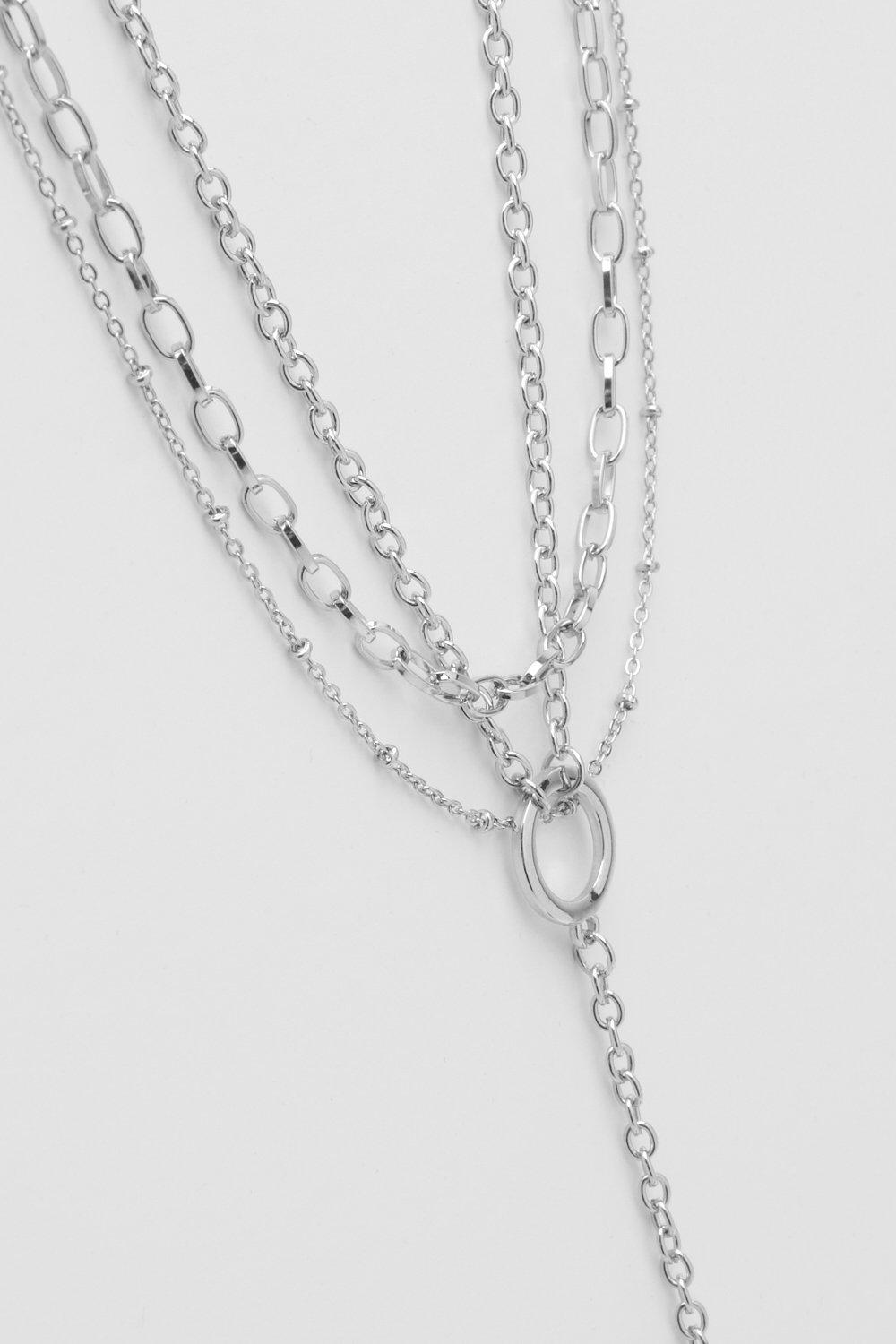 Silver T Bar Long Drop Multi Chain Necklace