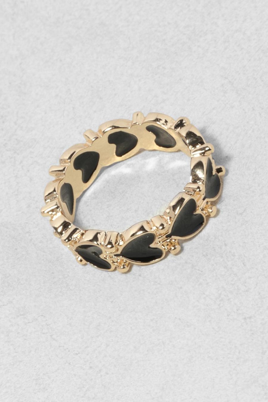 Gold Black Enamel Heart Detail Ring image number 1