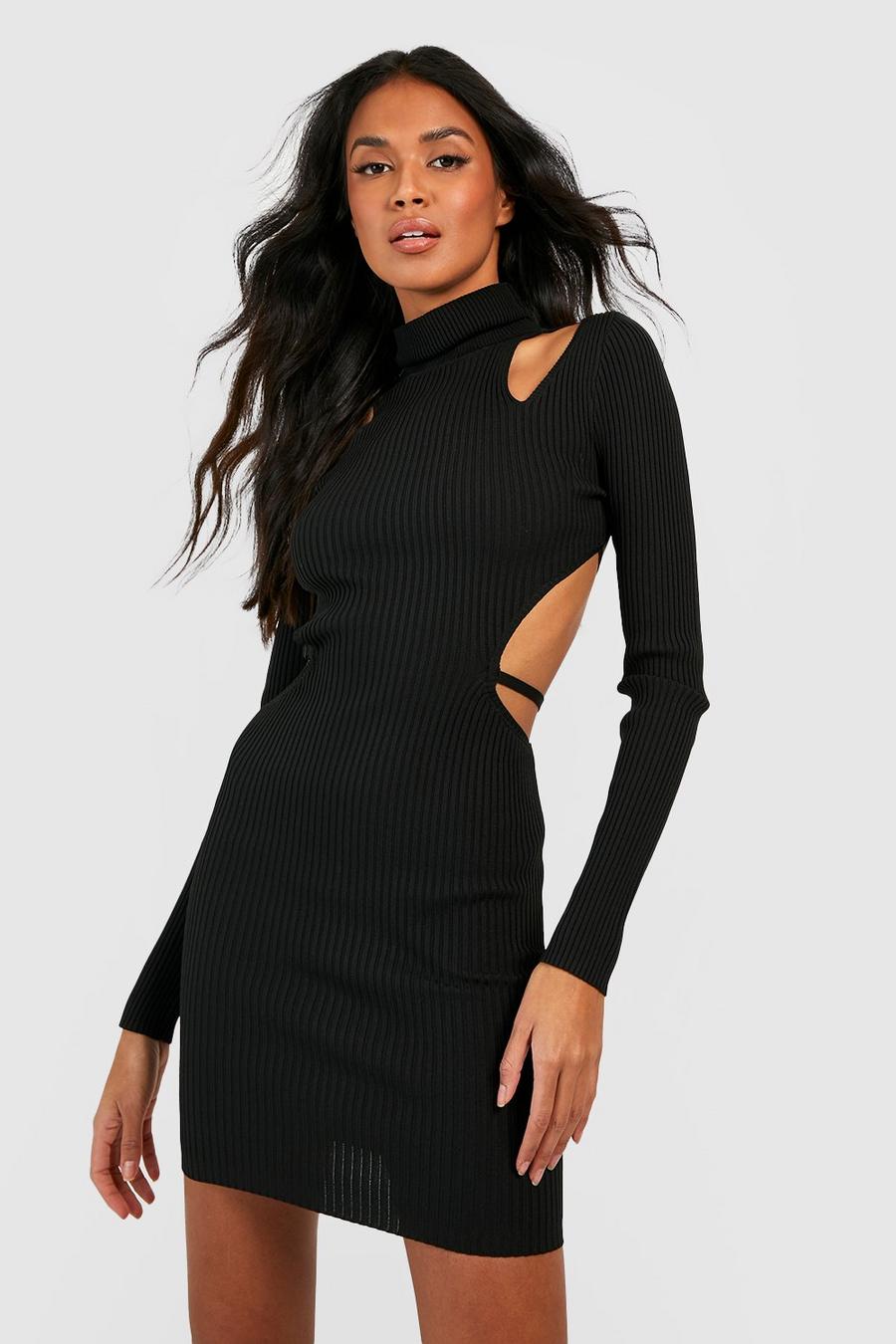 Black High Neck Cut Out Strappy Back Knitted Mini Dress image number 1