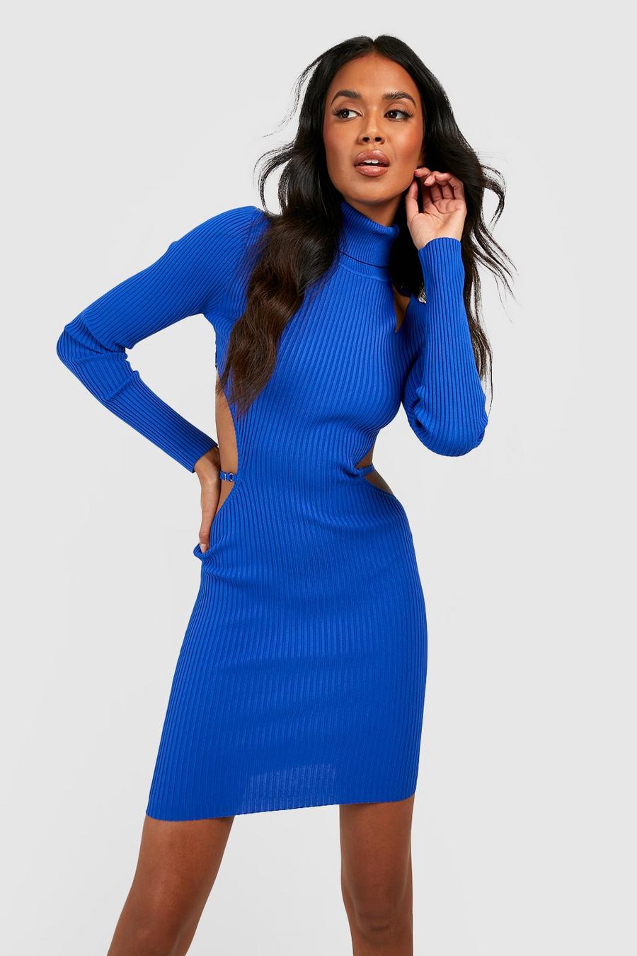 Cobalt blue High Neck Cut Out Strappy Back Knitted Mini Dress