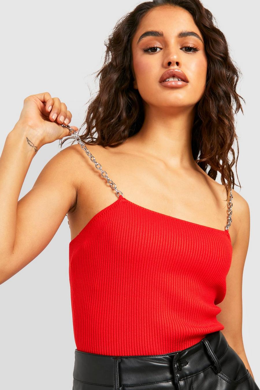 Red Chain Strap Rib Knit Bodysuit image number 1