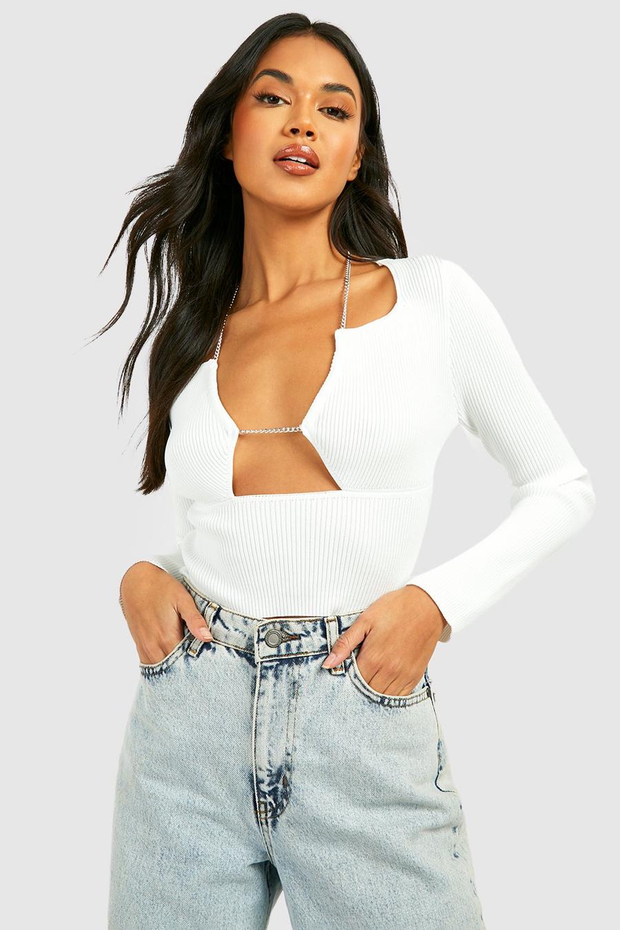 Ivory Chain Halter Strap Rib Knit Top image number 1