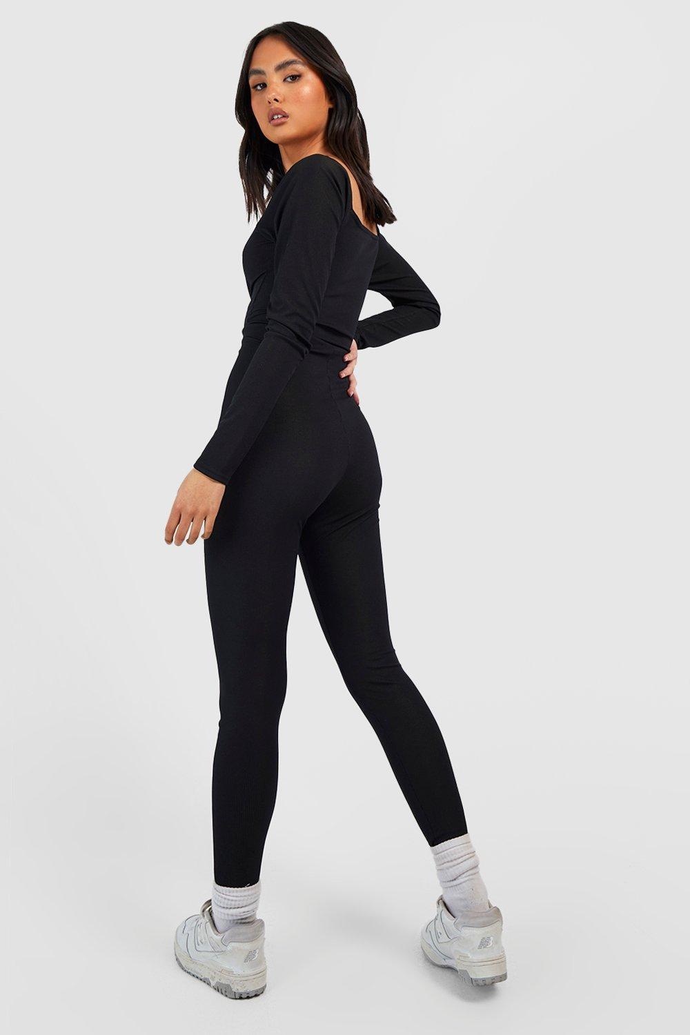 Women's Basic Square Neck Rib Long Sleeve Unitard Jumpsuit