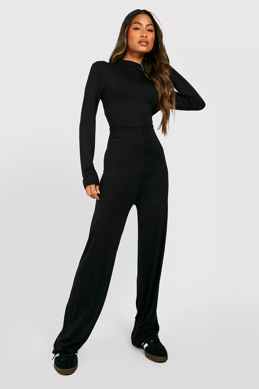 High neck bell sleeve best sale wide leg jumpsuit with belt