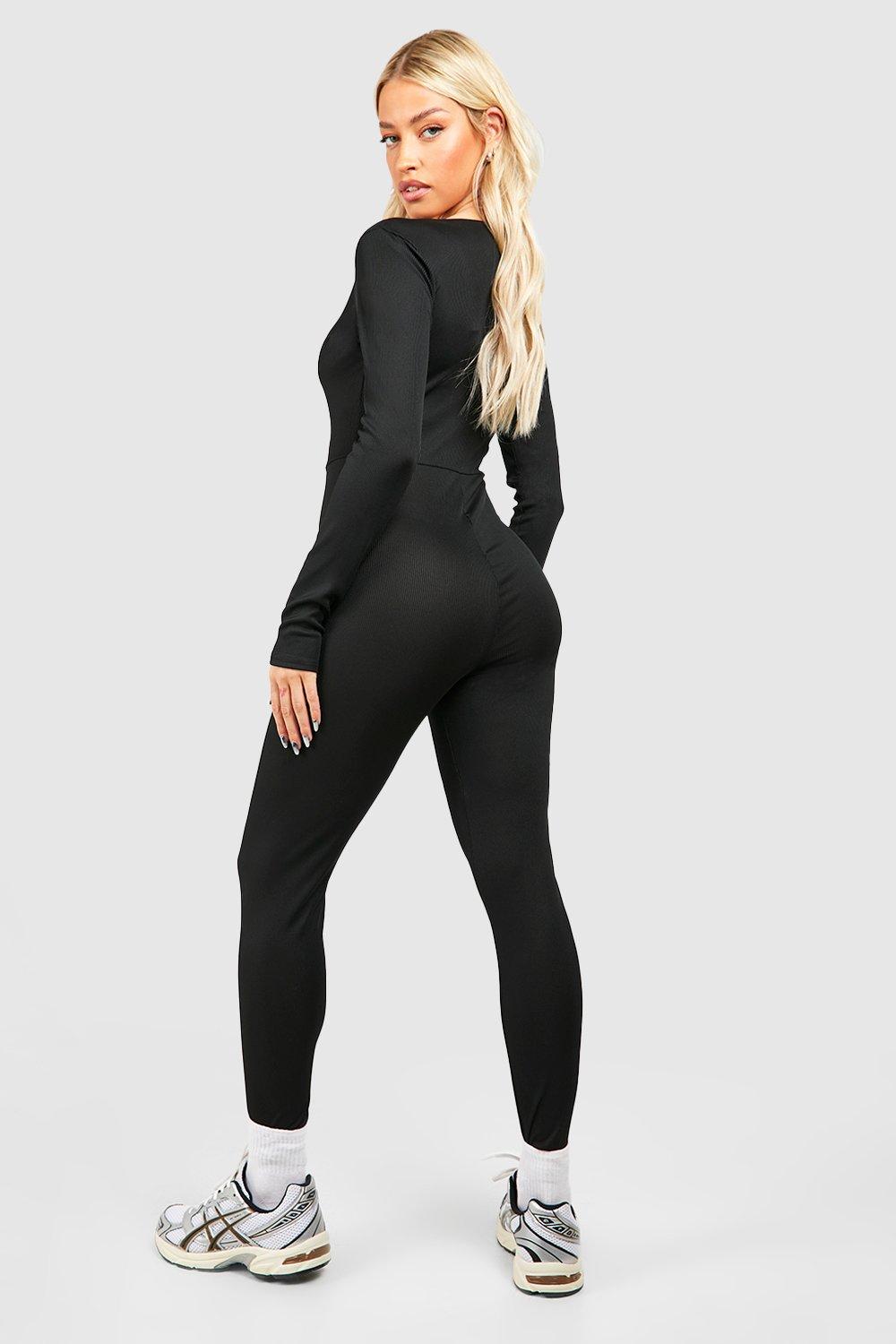 Women's Activewear: Ribbed Long Sleeve Yoga Bodysuit With Back Zip & Shorts  - Perfect for Gym Jumpsuit & Gym Training!
