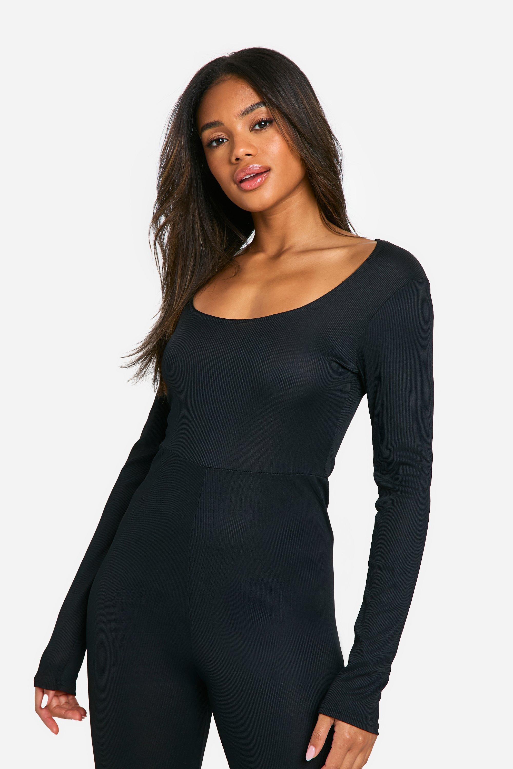 Basic Scoop Neck Rib Long Sleeve Unitard Jumpsuit