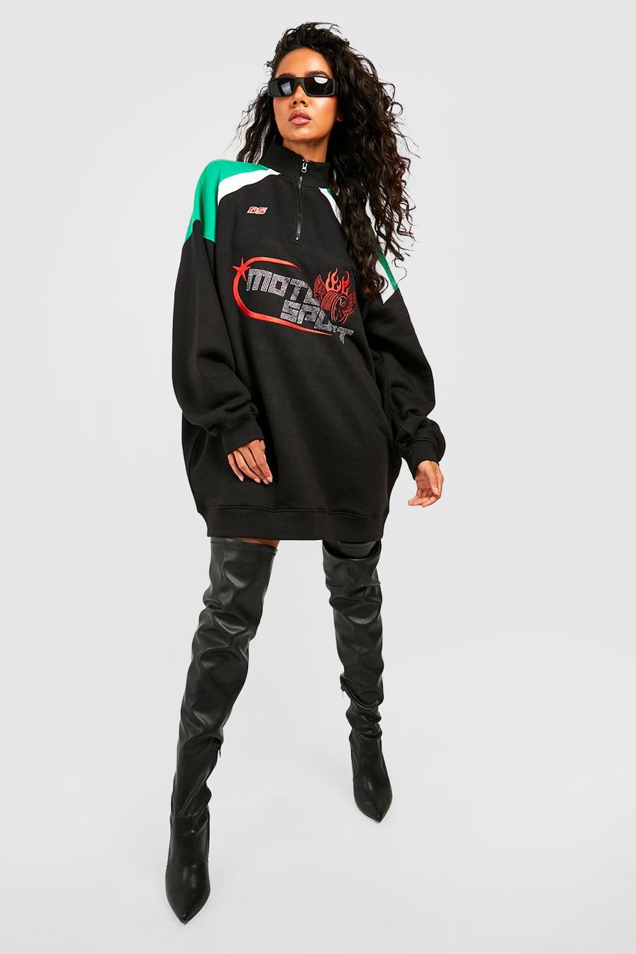 Black schwarz Diamante Motocross Zip Up Sweatshirt Dress