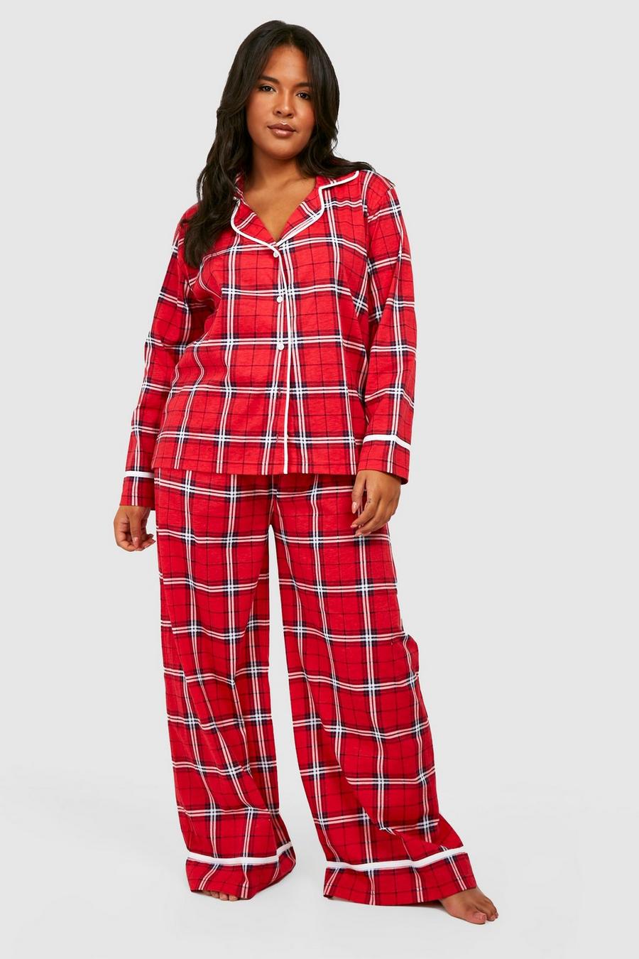 Red Plus Plaid Flannel Long Sleeve Button Through Jersey Pj Set image number 1