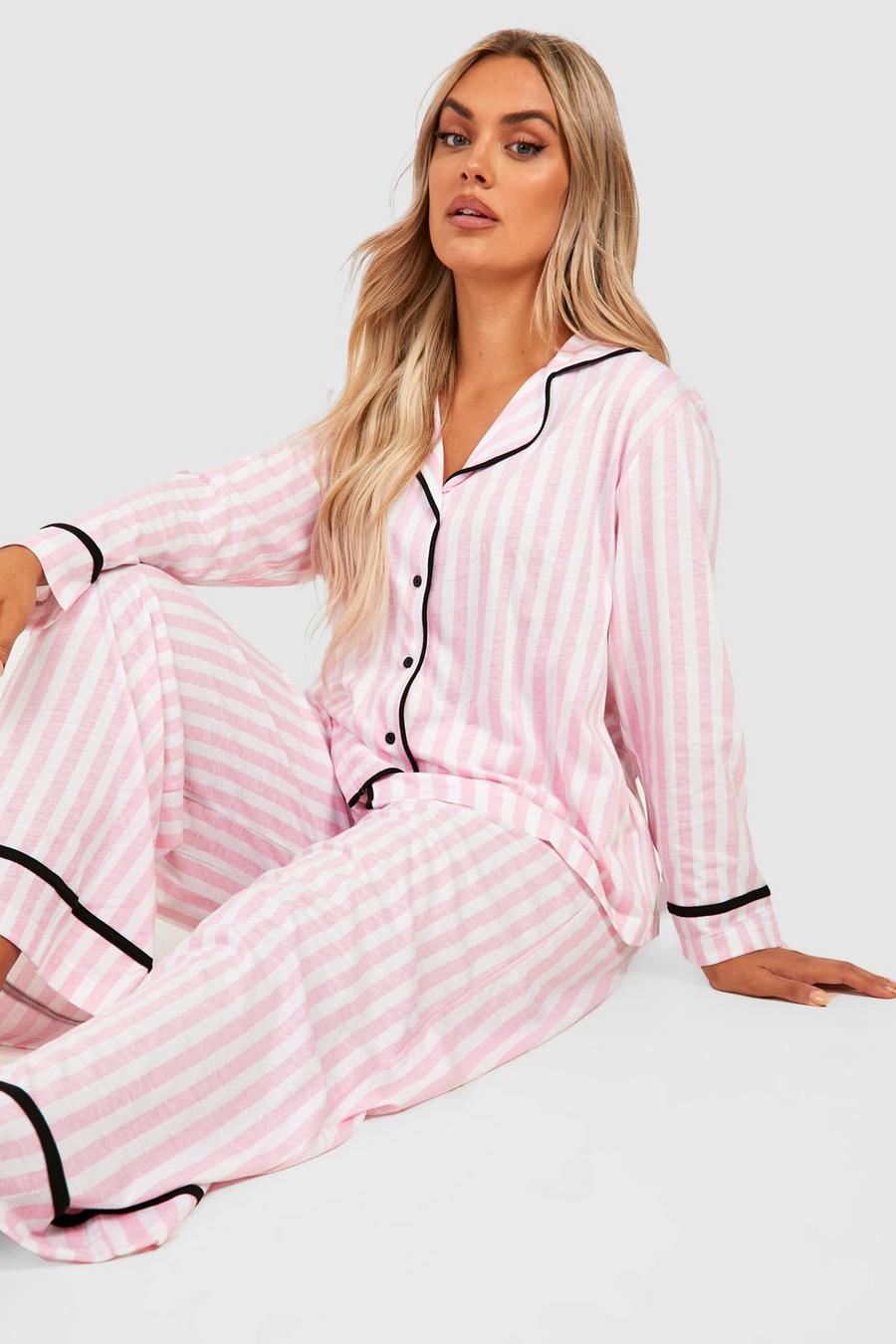 Pink Plus Candy Stripe Long Sleeve Button Through Jersey Pj Set image number 1
