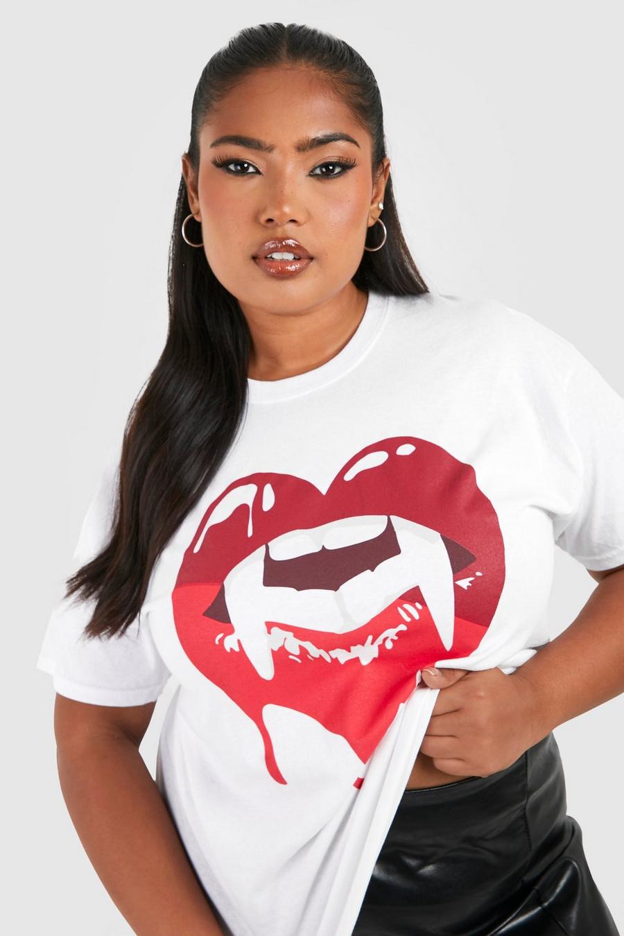 White Plus Vampire Lips Halloween Printed Oversized T-shirt  image number 1