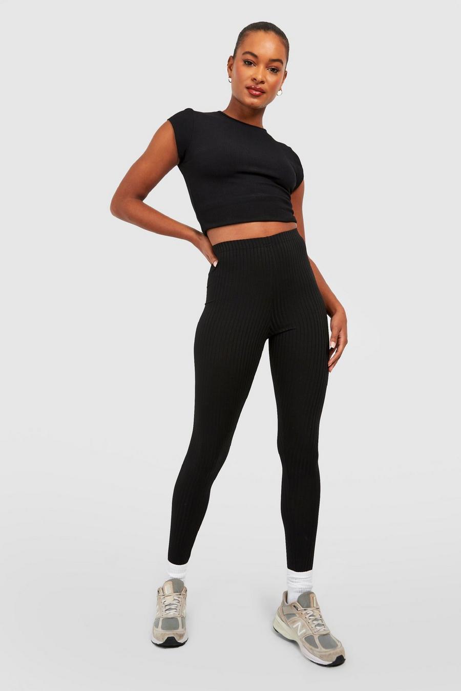 Black Tall Thick Ribbed Mid Rise Basic Leggings image number 1