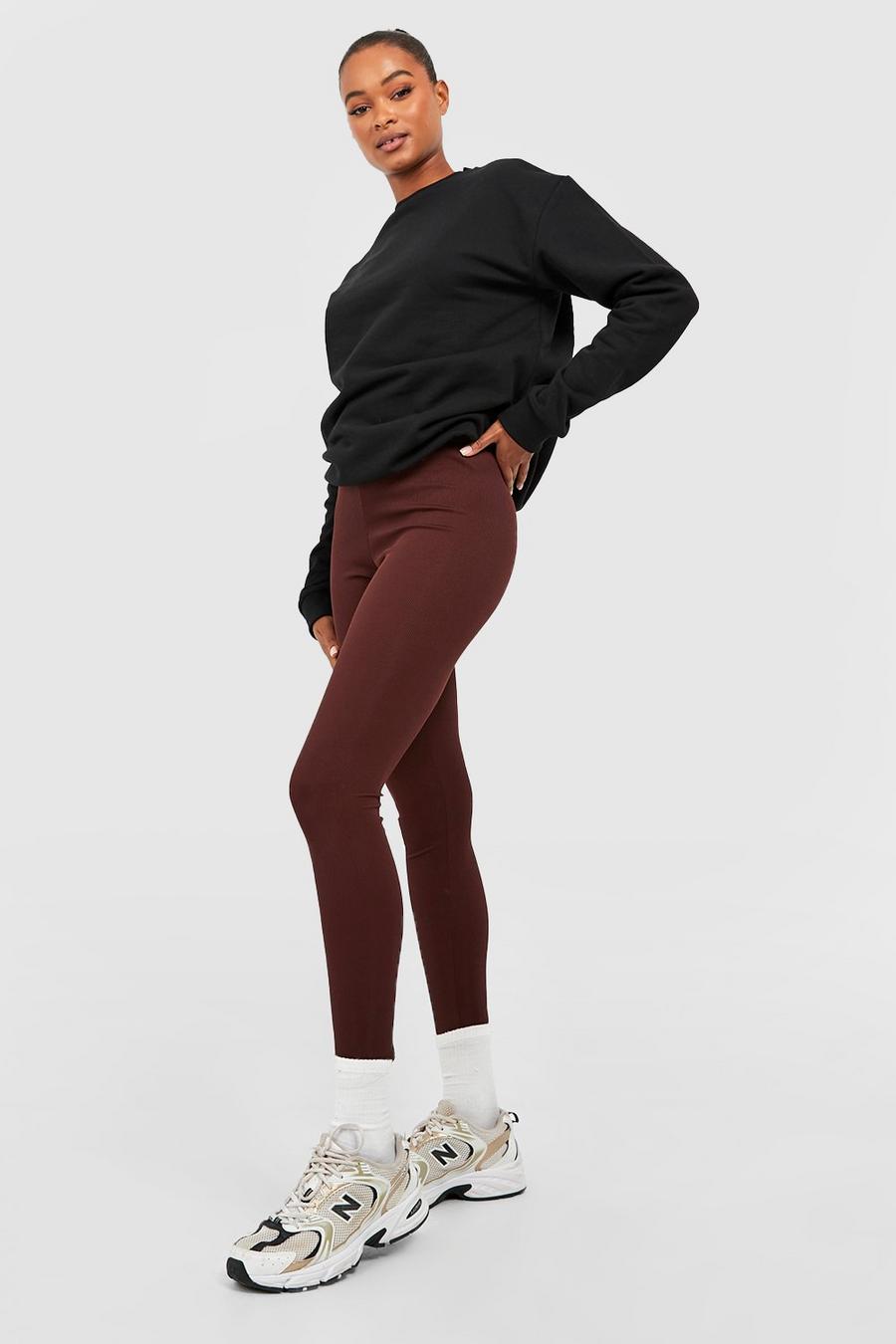 Chocolate Tall Ribbed Mid Rise Basic Leggings image number 1