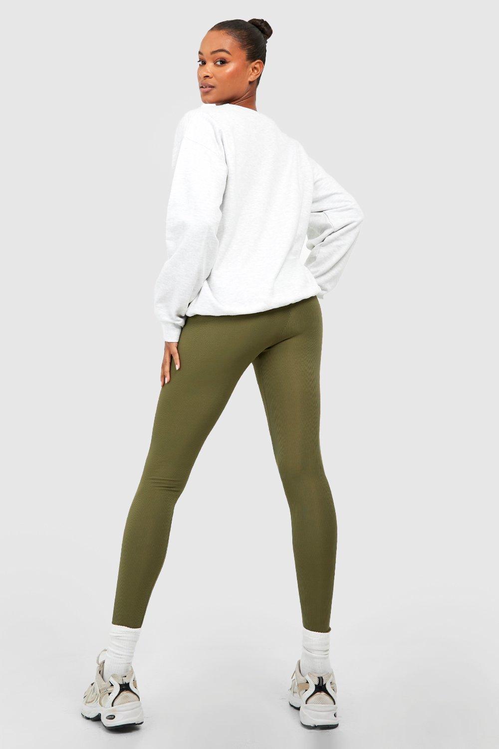 Khaki Thick Ribbed Mid Rise Basic Leggings