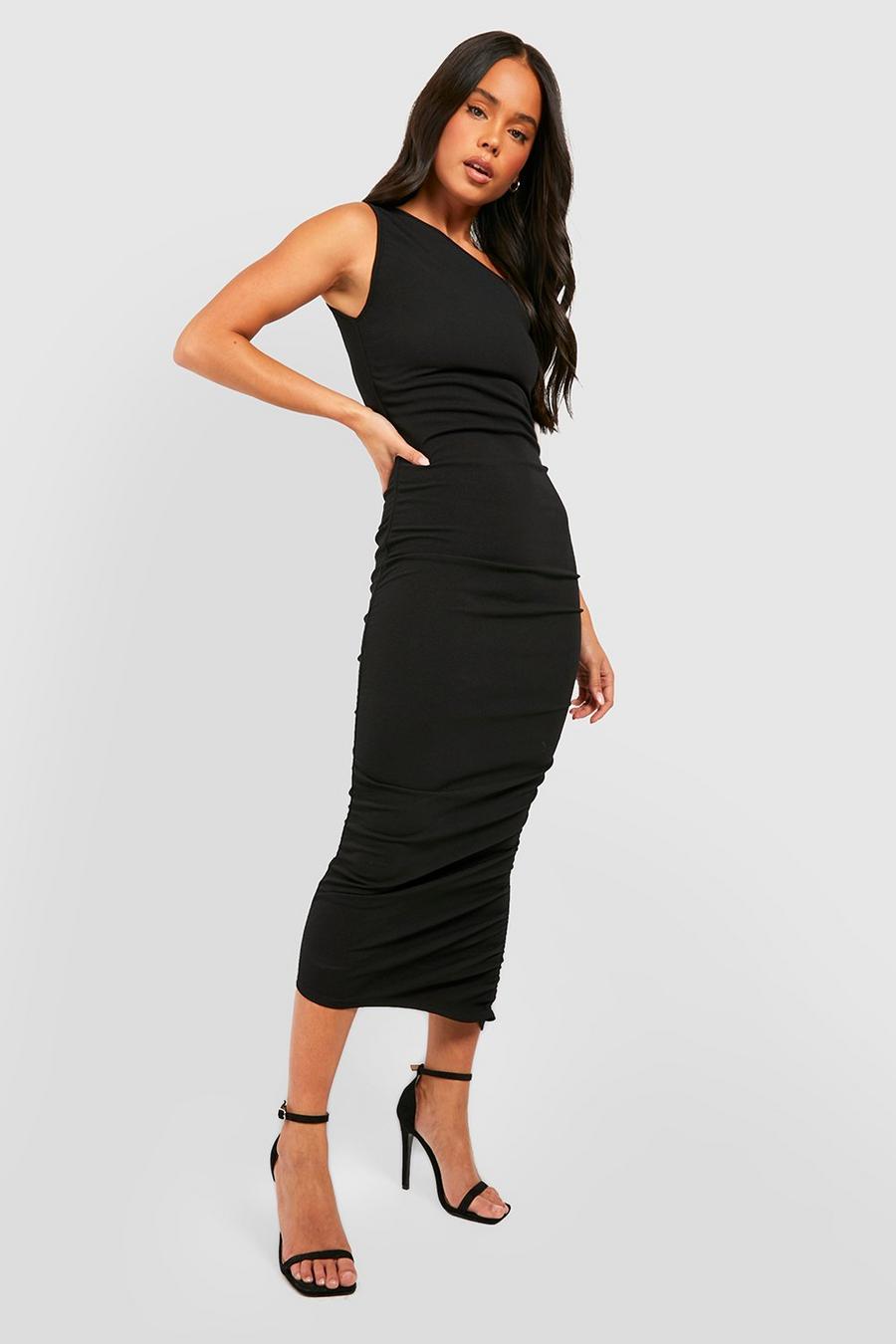 Black Petite Asymmetric Ruched Midi Dress image number 1