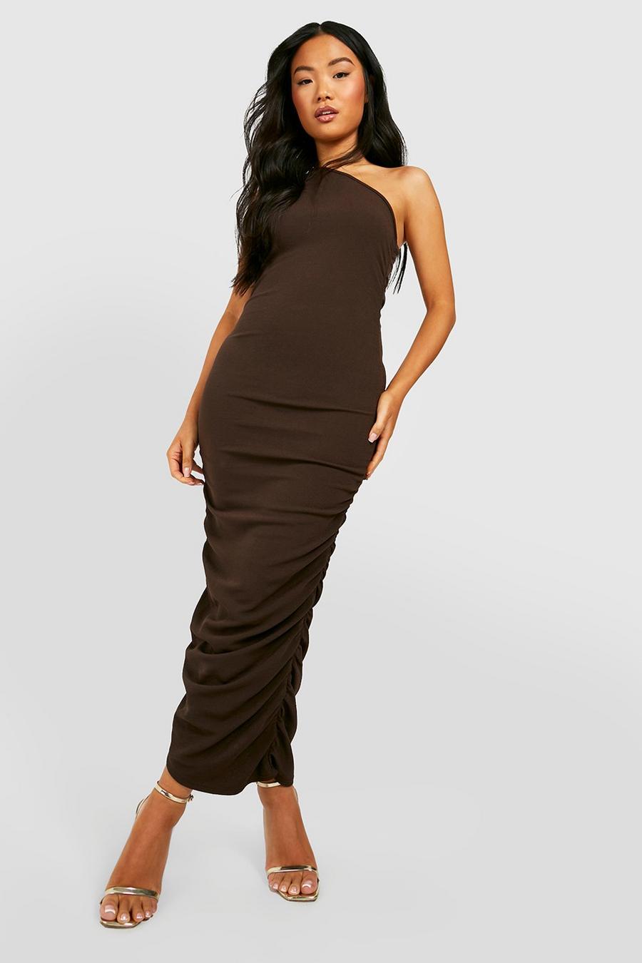 Chocolate Petite Asymmetric Ruched Midi Dress image number 1