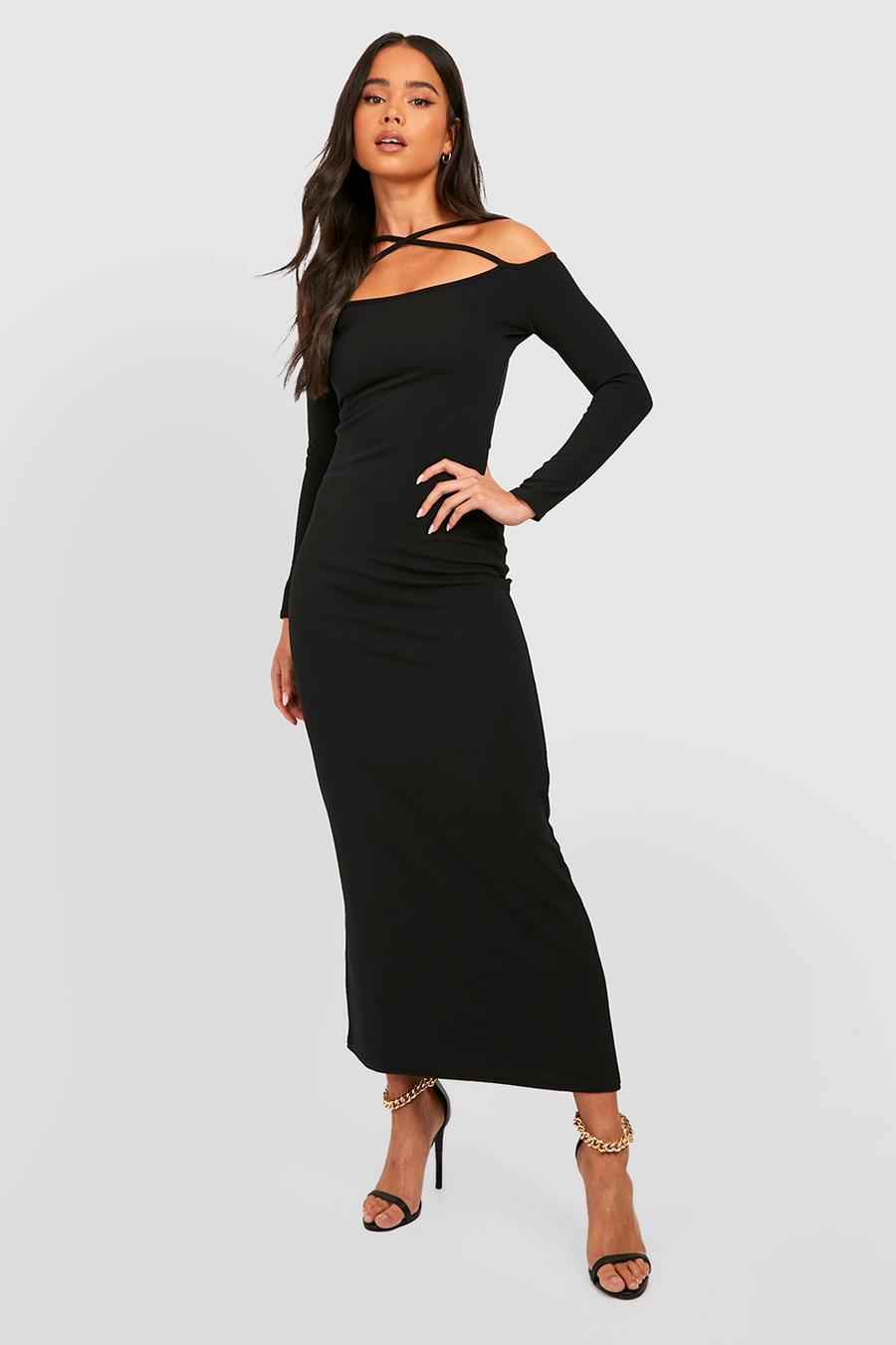 Black Petite Cold Shoulder Long Sleeve Maxi Dress image number 1