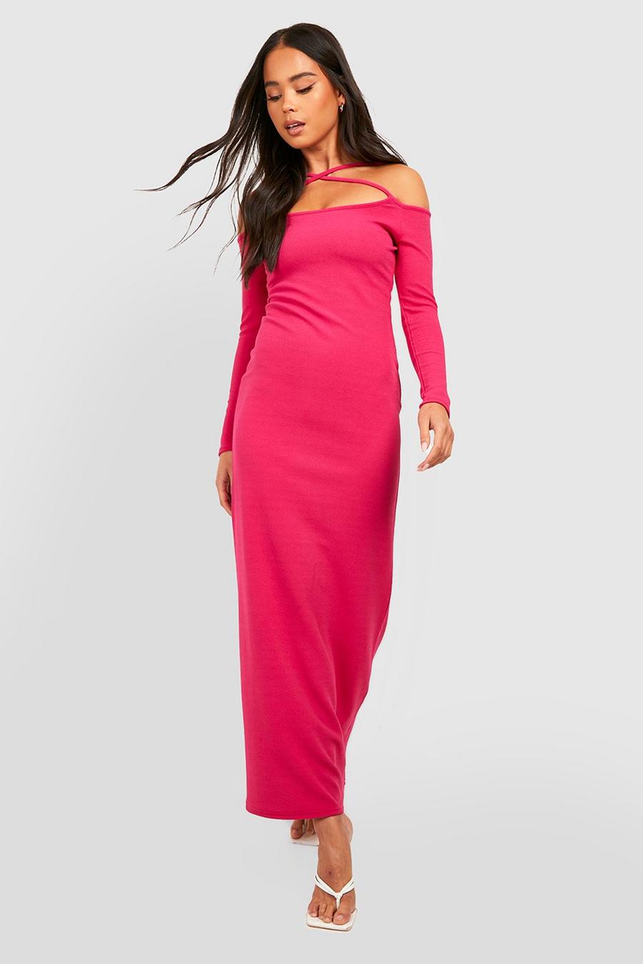 Hot pink Petite Cold Shoulder Long Sleeve Maxi Dress