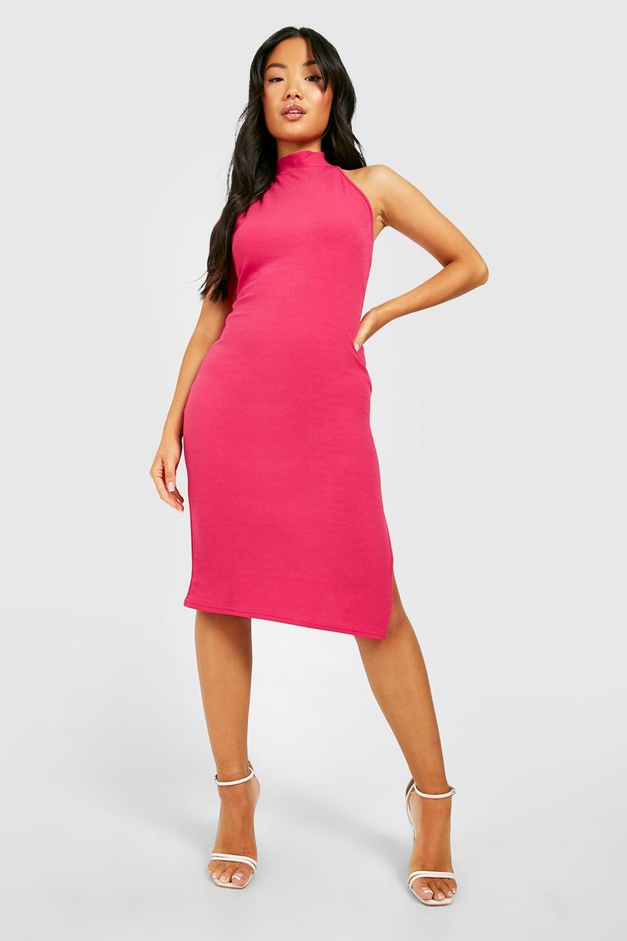 Hot pink Petite Midiklänning med öppen rygg och hög hals image number 1
