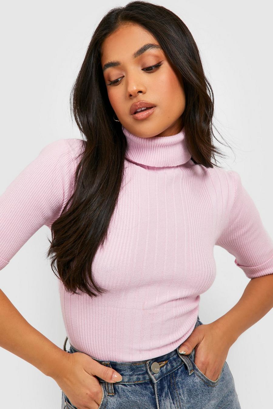 Pink rosa Petite Knitted Roll Neck Short Sleeve Top