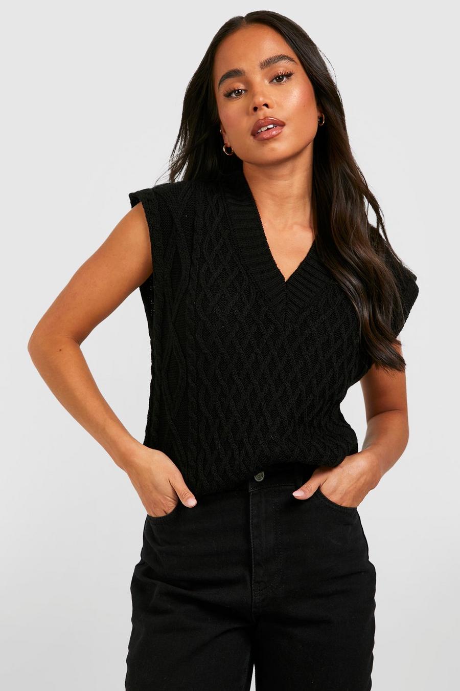 Black Petite Cable Knit Sweater Tank Top image number 1