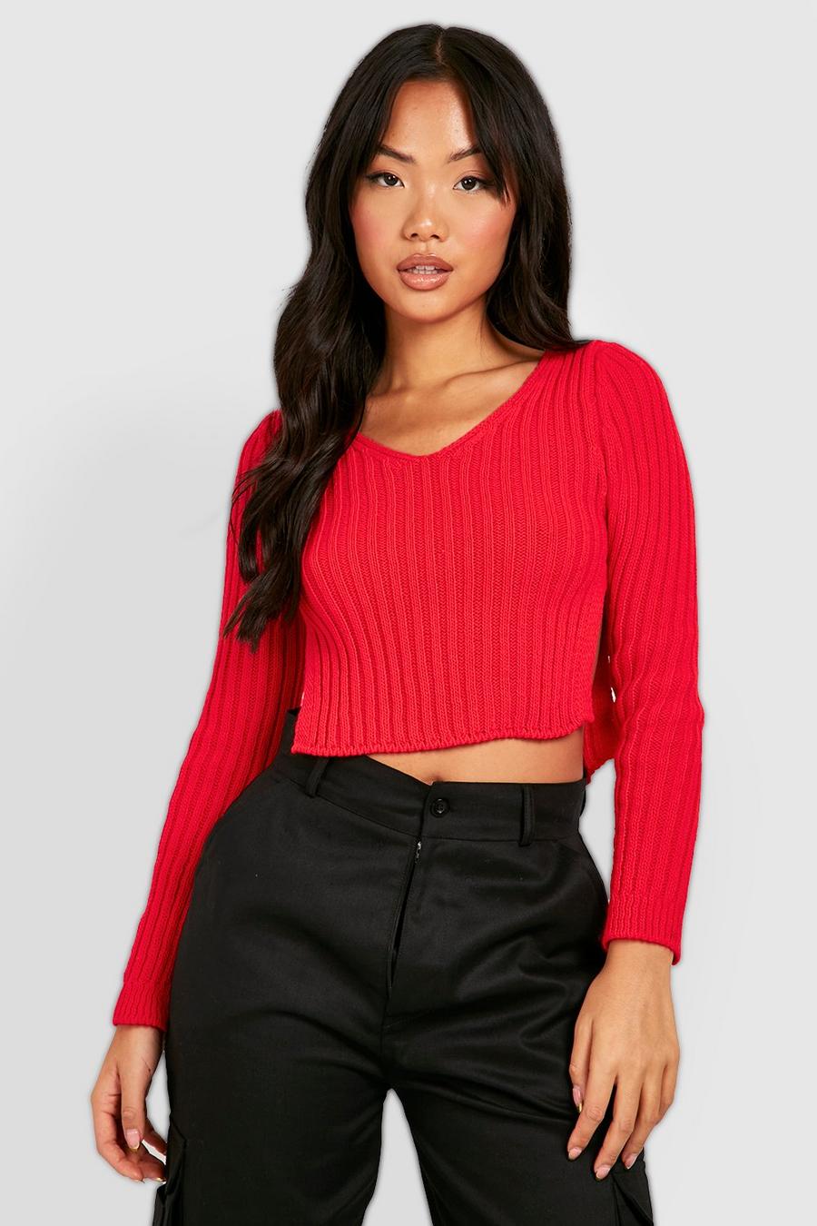 Red Petite Curve Hem Side Split Knitted Top