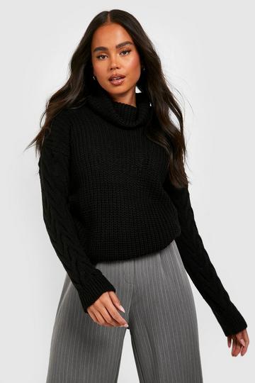 Black Petite Turtleneck Cable Sleeve Sweater