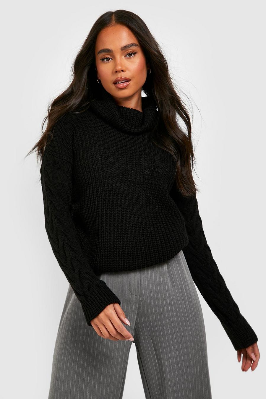 Black Petite Roll Neck Cable Sleeve Jumper  image number 1