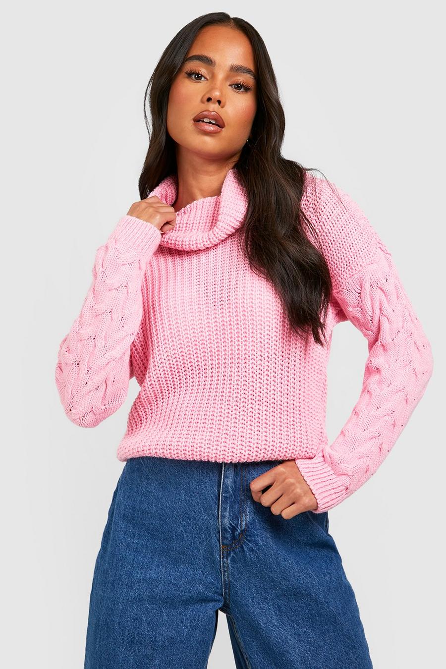 Pink Petite Turtleneck Cable Sleeve Sweater