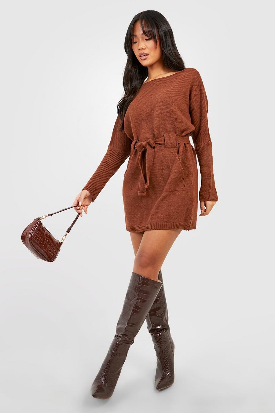 Chocolate Petite Belted Knitted Mini Dress image number 1